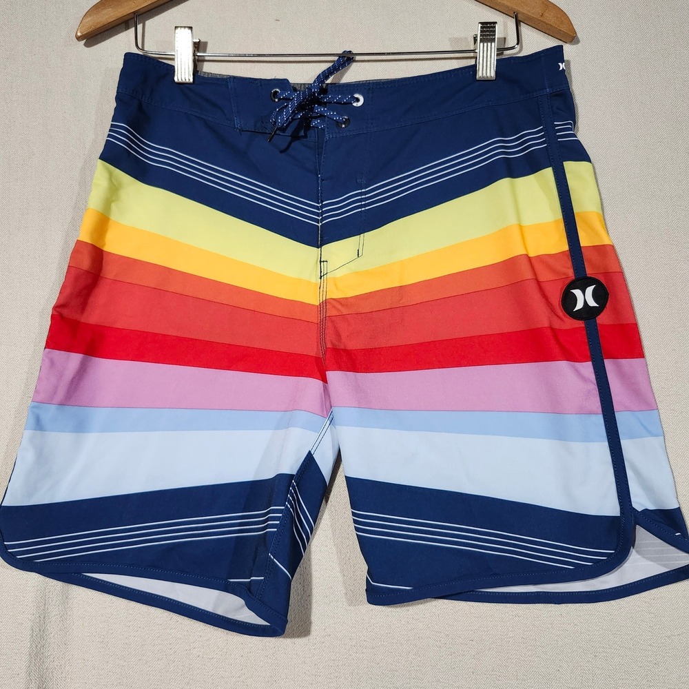 Hurley Phantom Mens Board Shorts Size 29 Rainbow Stripe Blue Swim Trunks Surf